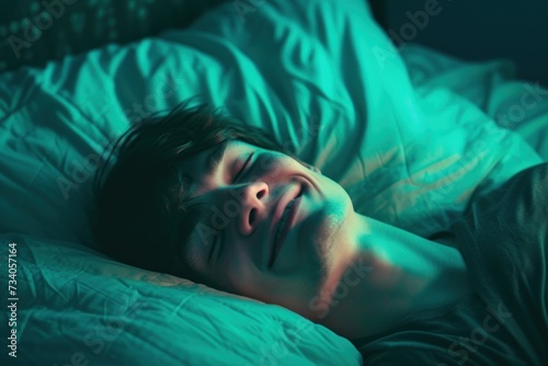 Young man enjoys a peaceful sleep and comfort in a cozy bedroom
