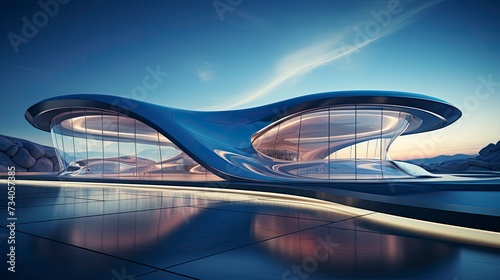 Modern building with wavy futuristic design, low angle view of abstract curve lines and sky. Geometric facade with glass and steel