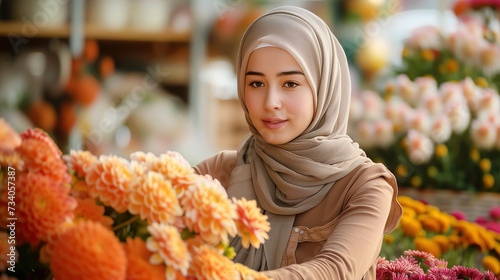 A elegant woman shop owner wear hijab working with flower. scene is set against Multiply flower showing on background.