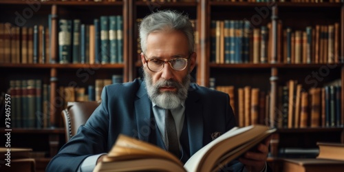 A Focused Lawyer Reading A Law Book In A Professional Office Setting. Concept Focused Lawyer, Law Book, Professional Office, Legal Expertise