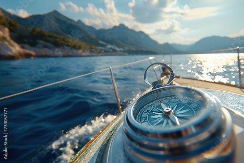 Vintage Compass on Sailboat Deck at Sunset. A detailed view of a vintage compass on a wooden sailboat deck, navigating the sea at sunset. photo