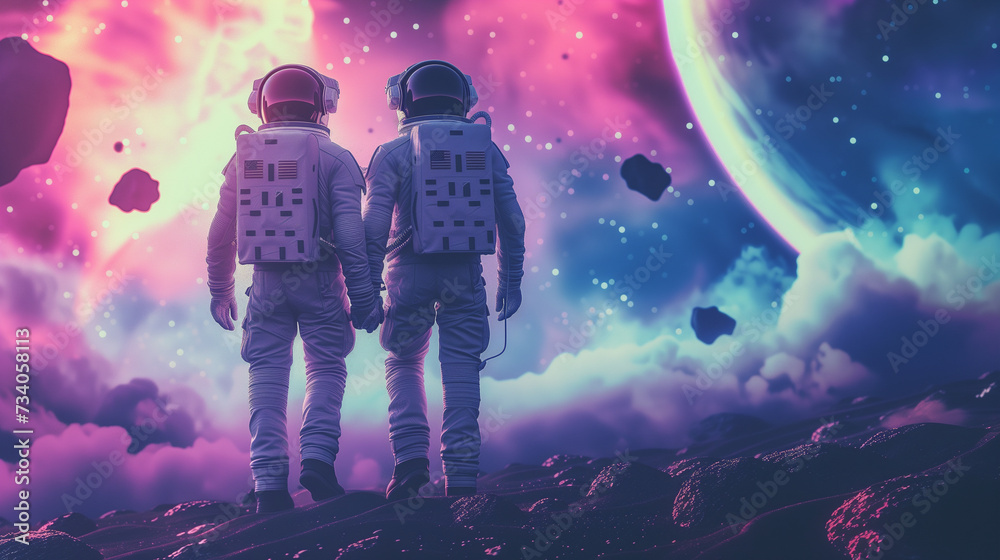 Obraz premium Interstellar Love: Astronaut Couple Holding Hands Amidst Cosmic Clouds