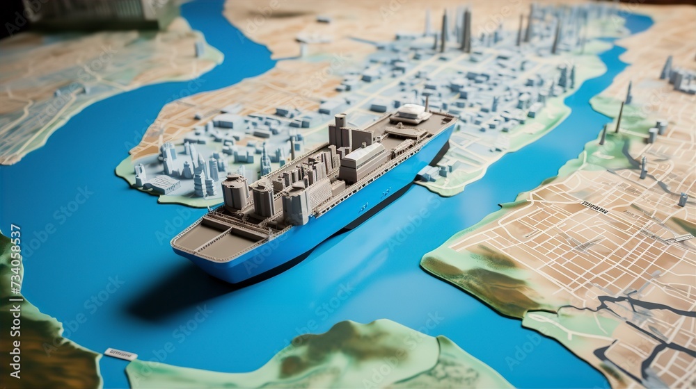 model, ship, 3d, map, city, river, miniature, scale, architecture, urban, water, transportation, simulation, landscape, topography, cityscape, navigation