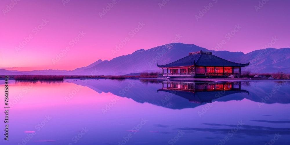 A Calming Oasis Embraced By A Serene Violet Sky, Beckoning Tranquility And Renewal. Concept Sunset Yoga, Meditative Retreat, Zen Gardens, Mindfulness Practices, Restorative Nature Walks