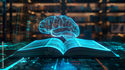 Digital book opening, with code and AI human brain