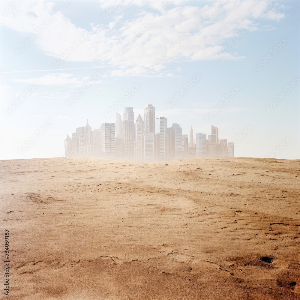 Mystical cityscape emerging from the desert, invoking a sense of discovery and urban evolution at dawn Mystical cityscape emerging from the desert, invoking a sense of discovery and urban evolution at dawn