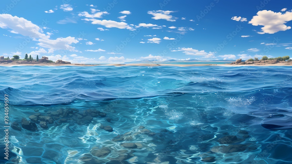 A panoramic view of a serene cobalt blue ocean, with a distant sailboat gliding peacefully on the horizon