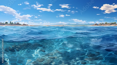 A panoramic view of a serene cobalt blue ocean  with a distant sailboat gliding peacefully on the horizon
