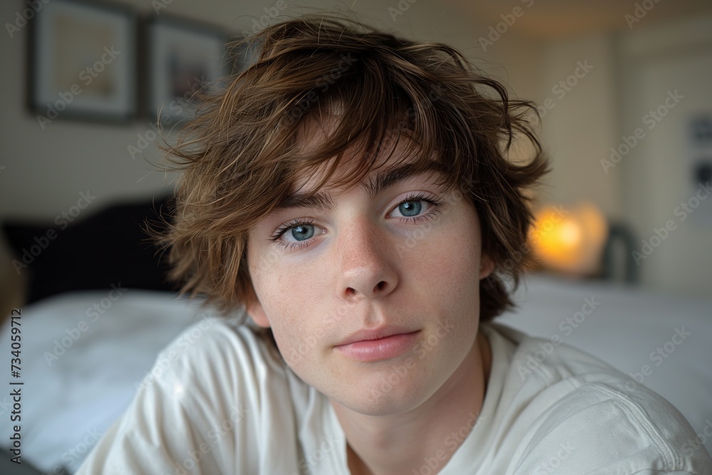 A young man with blue eyes is sitting on a bed, looking directly at the camera. A young man with blue eyes is sitting on a bed, looking directly at the camera.
