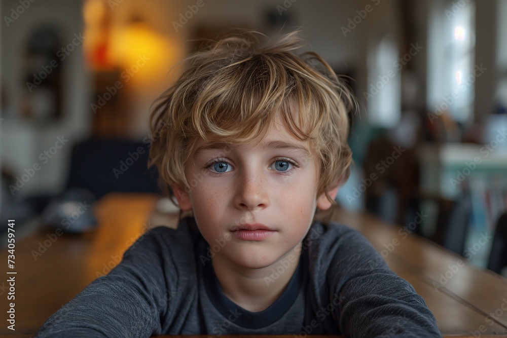 A young boy sitting alone at a wooden table, engaged in an activity. A young boy sitting alone at a wooden table, engaged in an activity.