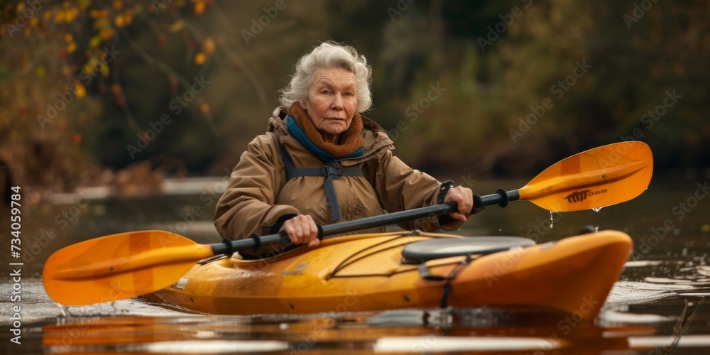 Vibrant Retiree Embraces Nature Through Kayaking Adventure On River. Concept Rustic Forest Hike, Serene Beach Sunset, Family Fun At Amusement Park, Urban Street Art Tour