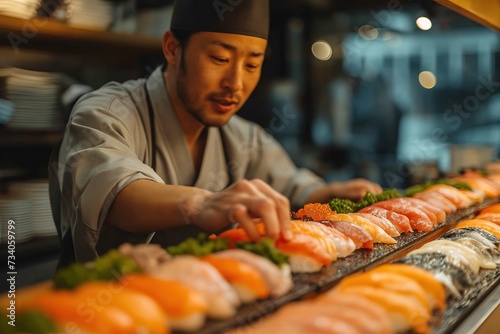 A Japanese chef prepares different types of sushi and places them on a counter.