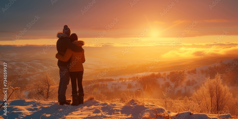 Fearless Pair Achieves Summit Victory, Immersed In Majestic Snowy Landscape At Sunrise Or Sunset. Concept Mountain Climbing, Summit Victory, Snowy Landscape, Sunrise/Sunset, Fearless Pair