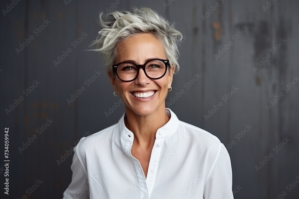 Portrait of a happy mature businesswoman wearing eyeglasses over grey background Portrait of a happy mature businesswoman wearing eyeglasses over grey background