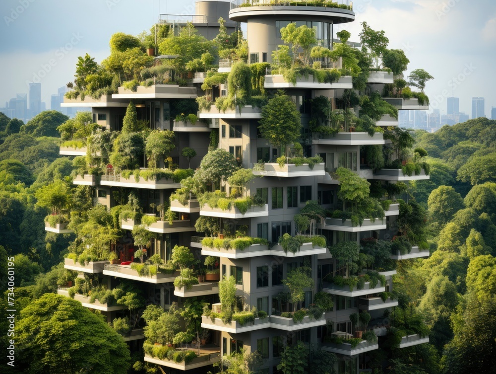 Naklejka premium New energy-efficient buildings, green public spaces, or vertical forests that people interact with regularly