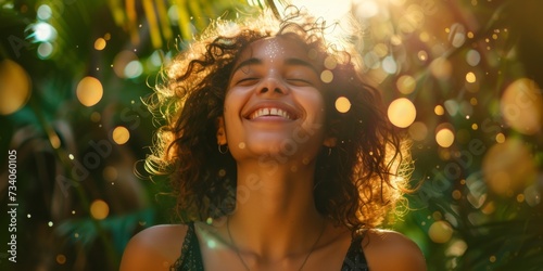 An Ai-Generated Stock Photo: A Joyful Woman Embracing Nature With Radiance. Concept Nature-Inspired Serenity, Vibrant Energy, Captivating Joy, Inner Radiance, Authentic Connection