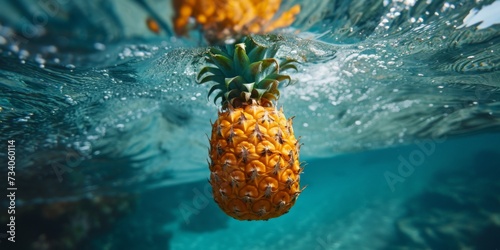 Amusing Pineapple With Identity Floating In Mauis Ocean Adds Tropical Humor. Concept Tropical Fruit Fashion, Beachside Identity Crisis, Hilarious Hawaiian Hijinks, Oceanic Pineapple Perso-Nanigans photo