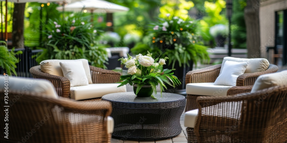 An Elegant Outdoor Lounge Area With Stylish Wedding Reception Decor. Concept Greenery And Blooms, Luxe Lounge Furniture, Glamorous Lighting, Chic Tablescapes, Modern Touches