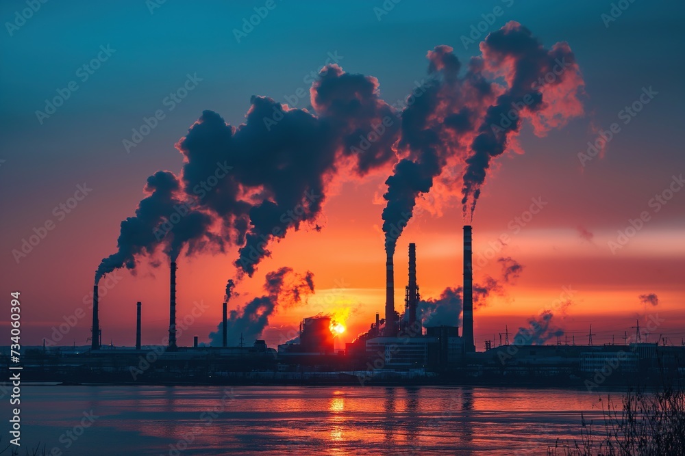 The sun is setting behind a factory with smoke stacks, casting a warm glow and highlighting the industrial landscape.