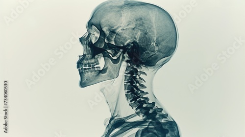 X-ray person. Human anatomy. Man body scan. Medical Exploration through Radiographic Imaging lateral view. Health care. Xray photo. People skeleton hologram. Skull, bones diagnostic. White background.