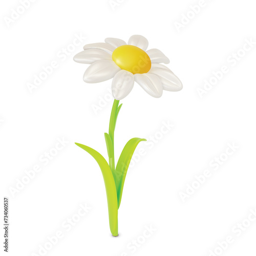 3d Cute Daisy or Chamomile Flower in Bloom Cartoon Style Isolated on a White Background. Vector illustration