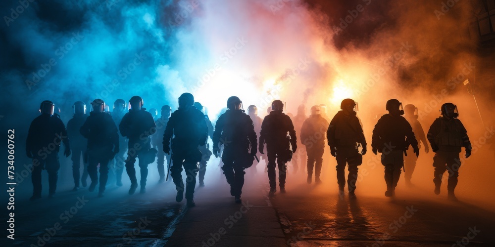 Antigovernment Protesters Face Off Against Riot Police With Intense Lights And Smoke. Concept Civil Unrest, Protesters Vs, Riot Police, Intense Lights, Smoke Bombs, Tensions High