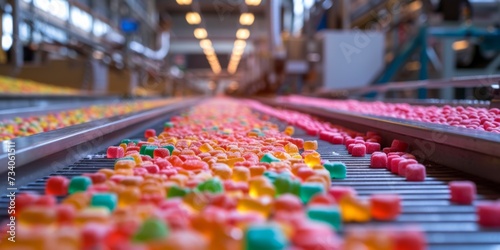 Candy Production Line In A Busy Factory, Ready For Packaging And Distribution. Concept Efficient Candy Manufacturing, Quality Control, Packaging Process, Distribution Logistics