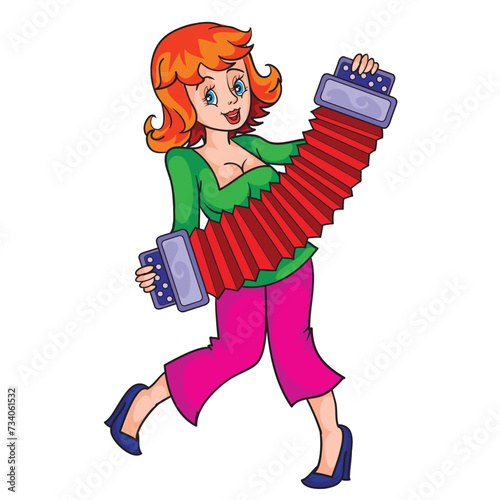 girl playing a big pink accordion, isolated object on a white background, cartoon, vector,