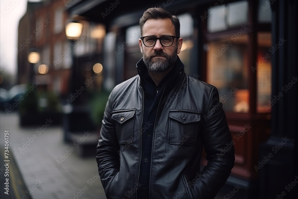 Portrait of a handsome bearded man in a leather jacket and glasses - obrazy, fototapety, plakaty 
