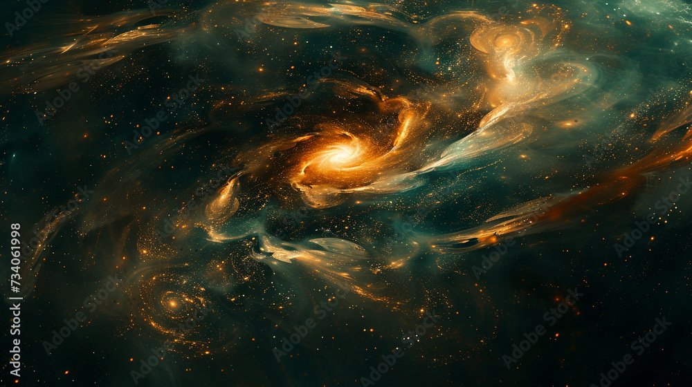 Cosmic swirls of emerald green and golden ochre converging in an intricate dance, creating a captivating and energetic abstract artwork on a background of deep cosmic black. 