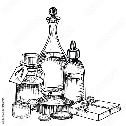Spa cosmetic with vintage Bottles, soap and brush for aromatherapy. Hand drawn vector illustration of bodycare products for massage in black and white colors. Linear drawing of skin care toiletries.
