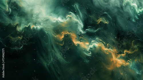 Cosmic swirls of emerald green and golden ochre converging in an intricate dance  creating a captivating and energetic abstract artwork on a background of deep cosmic black. 