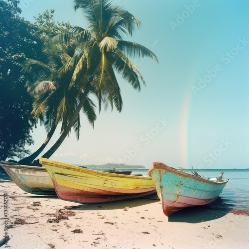 The scene depicts a serene tropical beach where several wooden boats, painted in vibrant yellow and blue hues, are beached on the white sand. Tall palm trees provide shade and sway slightly in the coa