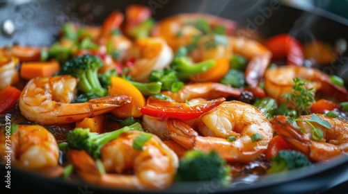 The image shows a close-up of a flavorful stir-fry in a pan, featuring succulent shrimp complemented by a colorful mix of vegetables including broccoli, bell peppers, and carrots, all cooked to perfec