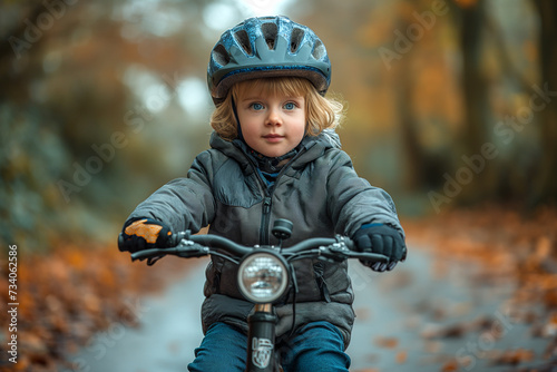 Boy with cycling helmet riding balance bicycle on road