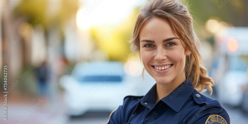Confident Policewoman Flashing A Friendly Smile While Patrolling In Urban Surroundings. Concept Female Empowerment, Urban Law Enforcement, Friendly Community Policing