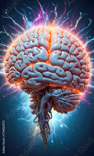 A human skull bisected to reveal a vibrant, color-splattered brains, symbolizing a dynamic explosion of ideas and creativity.