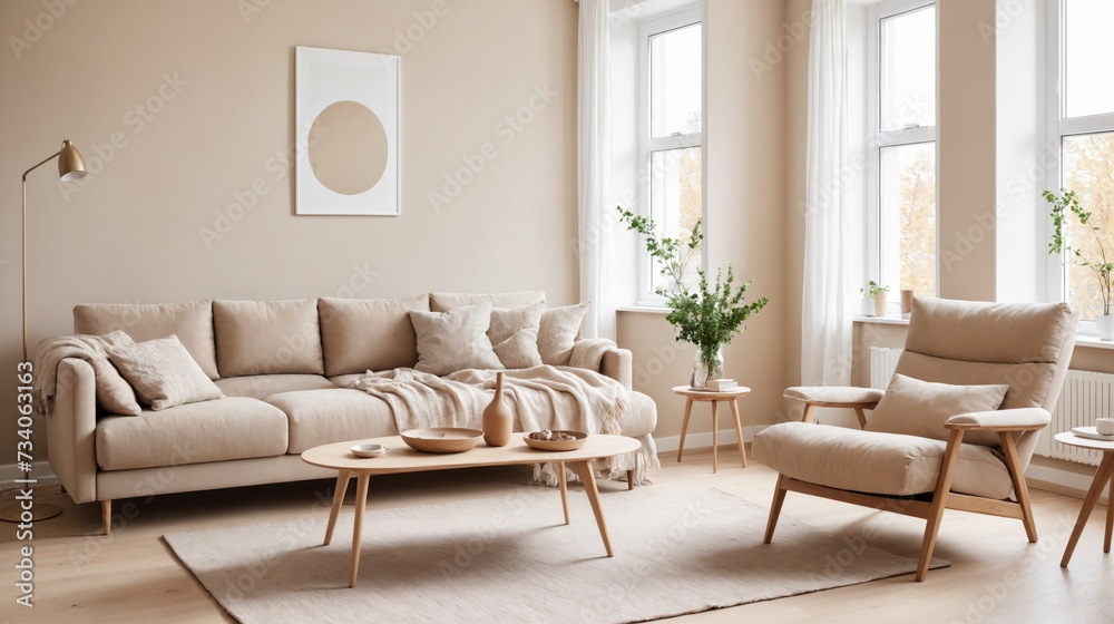 the calm aesthetic of a Scandinavian-inspired living room, featuring a cozy beige sofa, a recliner chair, and minimalist decor bathed in natural light