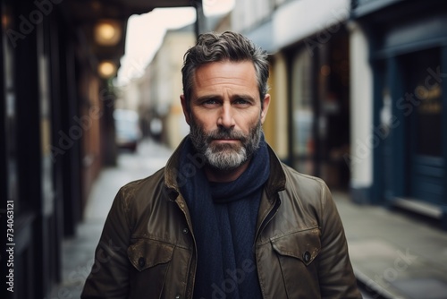 Portrait of a handsome bearded middle-aged man with a gray beard in a brown jacket.