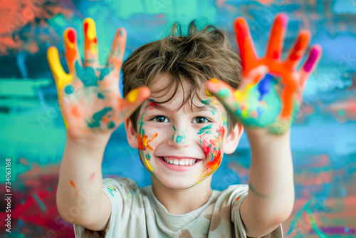 Smiling boy playing with colors  paint on hands and face  showing the two hands full of colorful