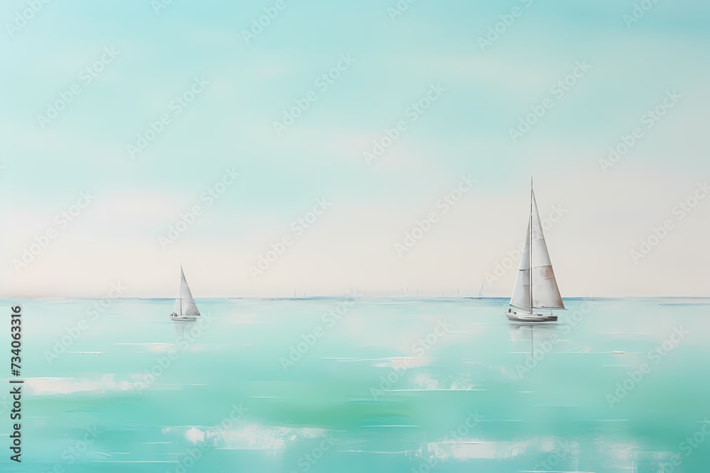 Miniature sailboats gliding across a tranquil turquoise sea, creating a serene seascape on a soft pastel backdrop.