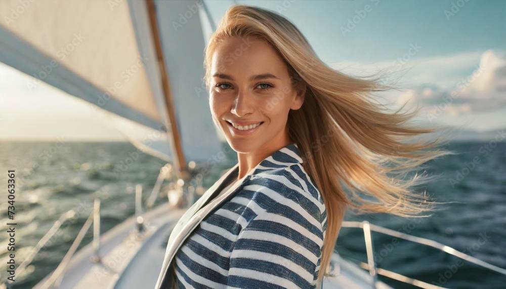 beautiful young cheerful woman on a yacht in the sea 