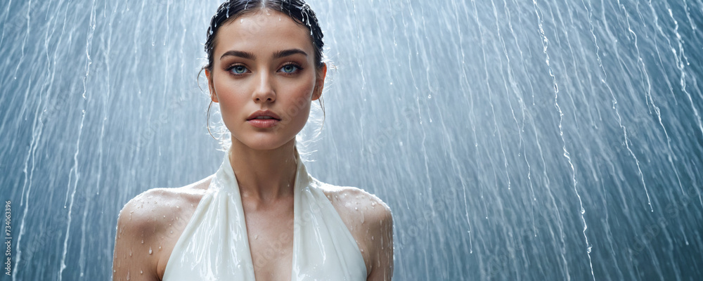 Obraz premium A poised fashion model stands gracefully while a unique rain of milk cascading down creates a whimsical and ethereal effect, highlighting the delicate features of her attire