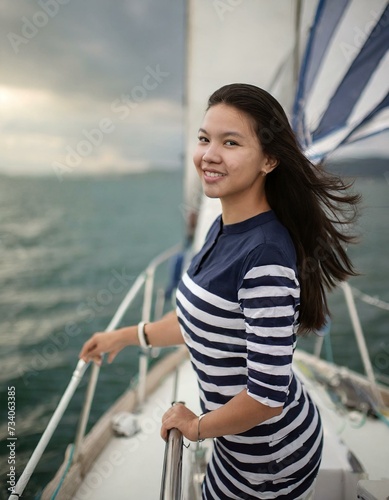  beautiful young cheerful woman on a yacht in the sea 