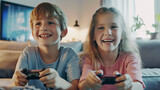 Addicted to new technology game, Boy and girl playing video game console using joystick or controller while sitting at home, gaming and entertainment  concept