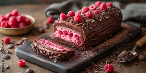 Decadent Raspberry-Infused Chocolate Log Cake With An Irresistible Hidden Surprise. Concept Decadent Desserts, Chocolate Recipes, Raspberry Infusion, Surprise-Filled Cakes