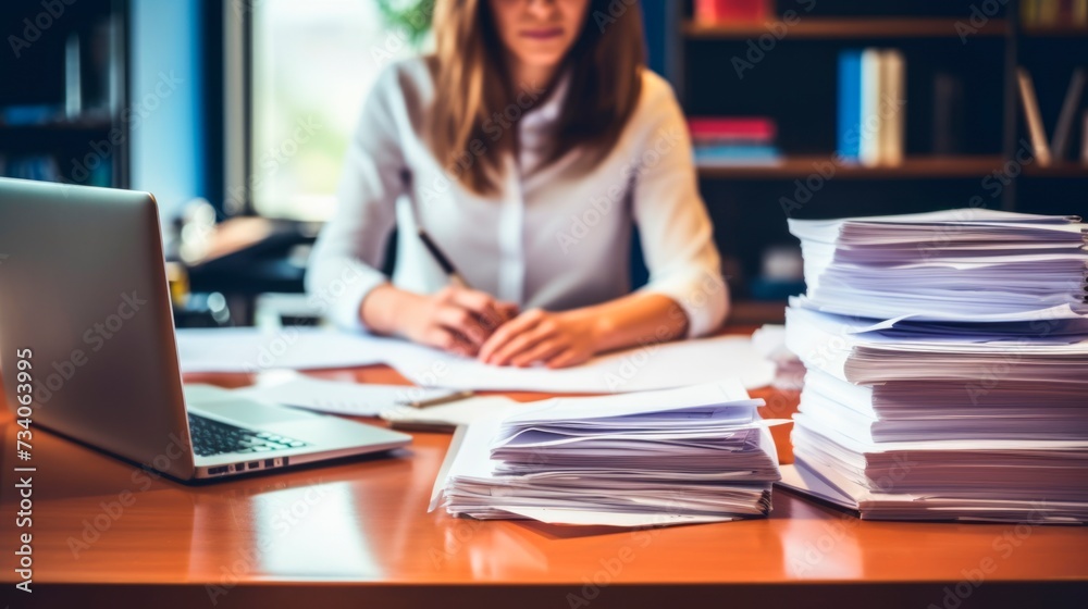 young business woman working in the office desk with piles of paper and a laptop young business woman working in the office desk with piles of paper and a laptop