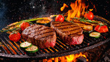 Grilled delicious beef steaks with vegetables and herbs over flames on outdoor grill