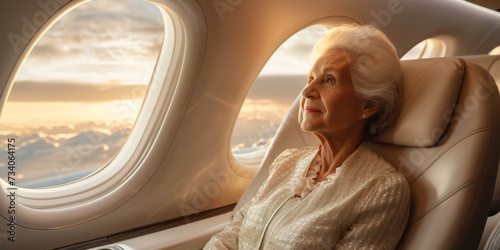 Elderly Lady Appreciates Breathtaking Aerial View From First-Class Airplane Seat. Concept Luxury Train Travel, Stunning Sunset Landscapes, Delicious Gourmet Cuisine, Historic City Sightseeing