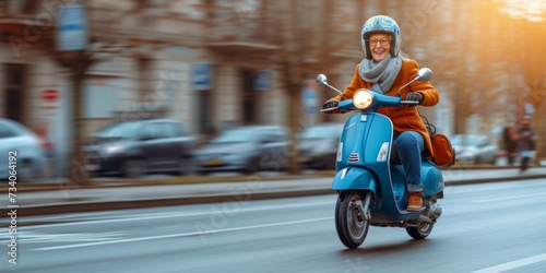 Elderly Woman On Blue Scooter, Happily Cruising, Captured By Ai. Concept Fall Foliage, Mountain Hiking, Sunset At The Beach, City Skylines, Wildlife Encounters © Ян Заболотний